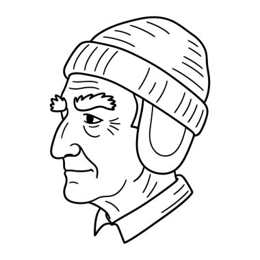 Bir adamın siyah ve beyaz kafası ve omuzları, profilden görülüyor. Kaburgalı bir bere takıyor ve yakalı bir gömleği var. Basit bir çizgi şeklinde ve en az gölgelendirme ile yapılır. Adamın yüzü detaylı, gözlerinde kırışıklıklar ve küf var.