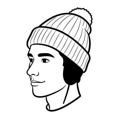 Bir adamın kafasının ve omuzlarının basit siyah ve beyaz profili. The is in the minimalist tarzda, koyu çizgileri ve gölgesi ya da rengi olmayan ponpon ponlu bir bere takıyor. Adamın yüzü ince, hafif bir gülümsemeyle.