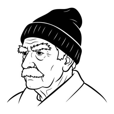 Siyah ve beyaz bir adam kafası ve omuzları, bere takıyor ve ciddi bir yüz ifadesi sergiliyor. Adamın bıyığı ve yüzünde görünür kırışıklıklar var. Çizgi film tarzında tasvir edilir. Kalın çizgiler ve en az gölgelendirme ile..