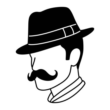 İnce beyaz bantlı ve kalın bıyıklı fötr şapka takan bir adamın siyah beyaz portresi. Adamın kısa saçları var ve boyundan yukarısı resmedilmiş. Kalın çizgiler ve gölgeler olmadan minimalist bir tarzda yapılır..