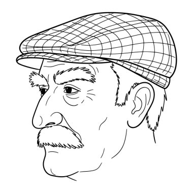 Bir adamın başı ve omuzlarından oluşan siyah ve beyaz bir çizgi, profilden görülüyor. Ekose desenli düz bir şapka takıyor ve bıyığı ve kısa sakalı var. Arkaplan düz beyaz.