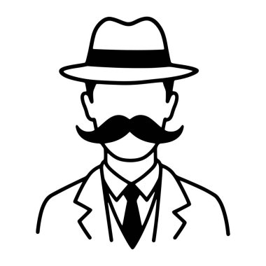 Bir adamın vücudunun üst kısmının siyah ve beyaz, belirgin bir bıyığı ve şapkası var. Adam takım elbise, yakalı gömlek ve kravat giyerken resmediliyor. Kalın çizgiler ve en küçük detaylar kullanılarak yaratıldı. Adamın yüzü büyük ölçüde gizlendi.