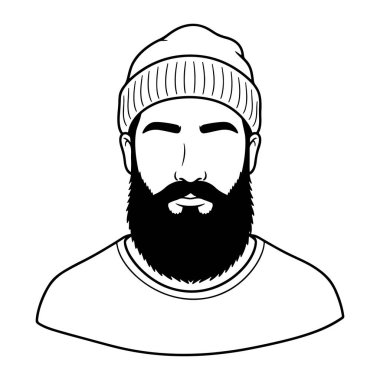 Bir adamın üst gövdesinin siyah ve beyaz basit bir resmi, belirgin bir sakalı ve bıyığı, kurdeleli bir beresi ve mürettebatın yaka tişörtü var, düz beyaz bir arka planı var. Adam, sakal, bere. Siyah beyaz sakallı ve bereli bir adamın portresi..