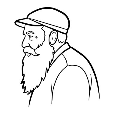 Bir adamın kafasının ve omuzlarının sade siyah beyaz çizgisi, sola bakıyor. Uzun bir sakalı ve bıyığı var ve şapka takıyor. Koyu çizgiler ve gölgelendirme olmadan basit, çizgi film tarzında yapılır..