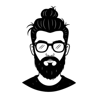 Siyah ve beyaz bir adam kafası ve omuzları, ayırt edici bir sakalı, bıyığı ve favorileri var. Kafasında çörek saç stili var ve dikdörtgen gözlük takıyor. Beyaz bir arka planda, dar giysili bir adam var.