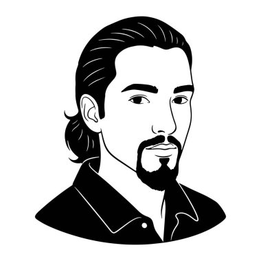Siyah beyaz, siyah saçlı, sakallı ve bıyıklı bir adam. Yakalı bir gömlek giyiyor ve tarafsız bir ifadesi var. Kalın çizgiler ve gölgeleme olmadan minimalist bir şekilde yapılır..