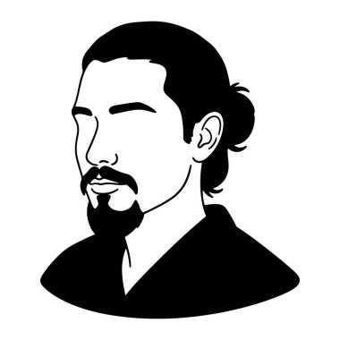 Bir adamın başı ve omuzlarının basit bir siyah beyaz resmi. Sakalı ve bıyığı var ve saçı arkadan bağlanmış. Kalın çizgiler ve katı dolgularla minimalist bir tarzda yapılıyor. Arkaplan düz beyaz.