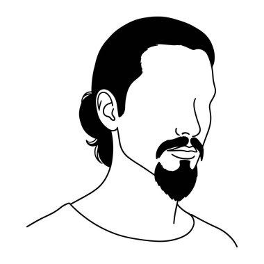 Bir adamın başı ve omuzlarının basit bir siyah beyaz resmi. Koyu renk saçları, sakalı ve bıyığı var. Minimalist tarzda, temiz çizgiler ve gölgelendirme olmadan yapılır. Arkaplan düz beyaz.