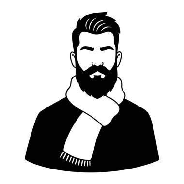 Sakallı, bıyıklı, atkı ve süveter giyen basit bir siyah beyaz adam. Kalın çizgileri ve en az detay içeren bir tasvir. Adamın kısa saçları, kalın bir sakalı ve bıyığı var. Beyaz bir eşarp takıyor.