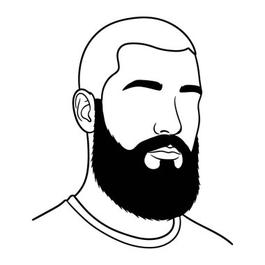 Bir adamın başı ve omuzlarının basit bir siyah beyaz resmi. Kalın bir sakalı ve bıyığı var, gözleri kel ve tayfa yaka tişörtü giyiyor. Minimalist bir çizgide yapılır..