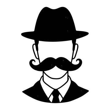 Bir adamın üst gövdesinin siyah ve beyaz, belirgin bir bıyığı, şapkası ve kravatlı bir takım elbisesi var. Beyaz zemin üzerinde koyu bir siyah, ek detay ya da doku içermiyor. Siyah ve beyaz, adamım, bıyıklı. Siyah beyaz bir adam.