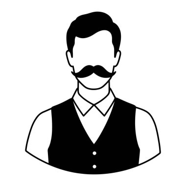 Bir adamın üst gövdesinin basit bir siyah-beyaz görüntüsü. Kısa saçlı, kalın bıyıklı ve iki düğmesi olan siyah yelekli yakalı bir gömlek giyiyor. Yüzü bomboş, arkaplanı bembeyaz..