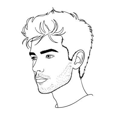 Yandan bakıldığında, profilde bir adamın siyah ve beyaz kafası. Adamın kısa, dikenli saçları, kısa sakalı ve bıyığı var. Yüzü kalın çizgilerle tanımlanmış ve ifadesi de nötr. Düz beyaz bir arkaplan ile ayarlanır.