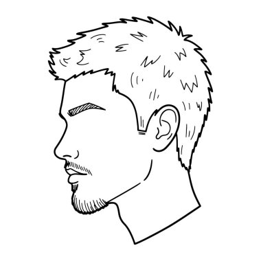 Yüz kıllarını, sakalını ve bıyığını gösteren siyah beyaz bir adam. Düz beyaz arkaplan üzerine kurulmuş, çok az gölgelendirmesi olan basit bir çizgi. Adamın kafası sola dönüyor, kulağı, gözü, burnu, ağzı ve...