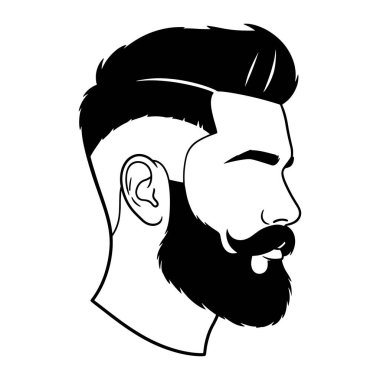 Profilde siyah beyaz bir adam, kendine özgü bir pohpohlama saç kesimi, bakımlı sakalı ve bıyığı var. Kalın çizgiler ve en az gölgelendirme ile basit bir stil oluşturulur. Siyah ve beyaz, dostum, kafa. Siyah beyaz bir anne.