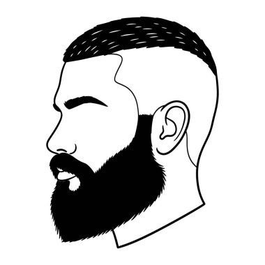 Yan profilde siyah beyaz bir adam, kısa saçlı, sakallı ve bıyıklı bir adam. Düz beyaz arkaplan üzerine kurulu, kalın çizgiler ve en az gölgelendirme ile basit bir çizgi.