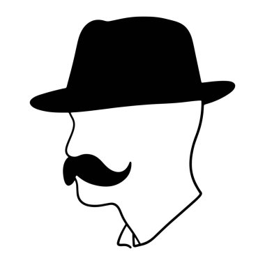 Yan profilde, melon şapka takan ve bıyıklı basit bir siyah beyaz adam resmi. Temiz çizgiler ve minimalist estetik, adamın yüzü ve üst vücudu beyaz arka plana siyah çizilmiş..