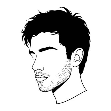 Profilde siyah beyaz bir adam, sola bakıyor. Onun çenesinde ve yanaklarında kısa, koyu renk saçları ve sakalı var. Gözleri kapalı ve ağzı hafifçe açık. Basit ve minimalisttir, kalın çizgileri vardır ve gölgeleme veya renk yoktur..