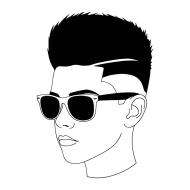 Profilde siyah beyaz bir adam, sola bakıyor. Ayırt edici bir saç stili var ve güneş gözlüğü takıyor koyu renk lens ve beyaz çerçeve. Bu düz beyaz arka planda, kalın çizgiler ve en az gölgelendirme ile basit bir çizgi
