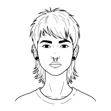 Bir insanın siyah ve beyaz omuzları. Kaküllü, kısa saçlı ve tarafsız bir ifadesi var. İki kulağında da piercing, burun halkası ve piercing var. Tişört giyiyorlar ve arka plan bembeyaz..