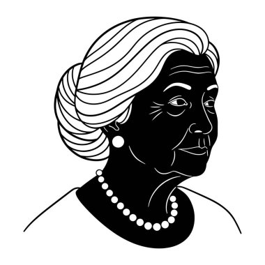 Saçları topuz şeklinde olan yaşlı bir Afro-Amerikan kadının siyah-beyaz fotoğrafı. İnci bir kolye ve uyumlu küpeler takıyor. Yüzünde göz ve ağız çevresindeki kırışıklıklar var. Bu düz beyaz arkaplan ile bir kenar görünüm portresi.