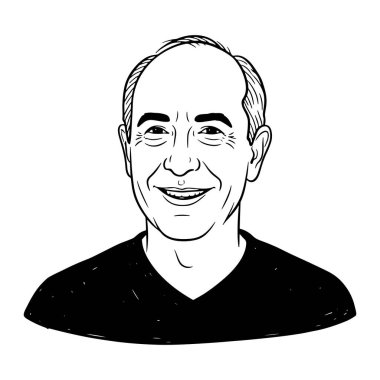 Kafası kel ve kısa saçlı gülümseyen orta yaşlı bir adamın siyah beyaz resmi. Koyu renkli V yaka bir gömlek giyiyor ve yüzünde kırışıklıklar var, özellikle göz ve ağız çevresinde. Gözleri anlamlı, ve görünüşe göre direk olarak hayata bakıyor.