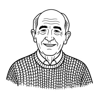 Yüzünde kırışıklıklar olan kel kafalı, gülümseyen yaşlı bir adamın siyah beyaz çizgisi. O, yakalı bir gömleğin üzerine örülmüş bir kazak giyiyor. Kalın çizgileri ve en az gölgelendirmesi olan basit bir stil. Adamın yüz ifadesi dostane ve uygulamalı.