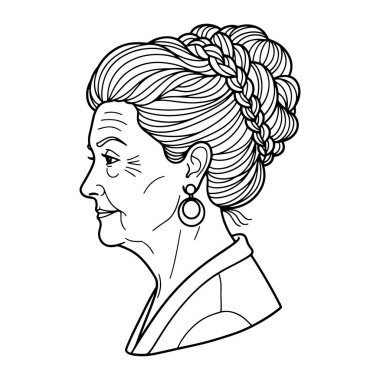 Örgülü topuz ve küpeleri olan, gülümseyen ve yan profilde görünen yaşlı bir kadının siyah beyaz çizgisi. Saçları karışık örgü ve topuz şeklinde ve dairesel küpeler takıyor. Ayrıntılı çizgiler ve gölgeleme dokuyu ve borcu oluşturur