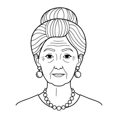 Siyah-beyaz çizgili, saç stili, gülümseyen, küpe takan ve kolye takan yaşlı bir kadın. Basit çizgiler ve çok az gölgelendirme, düz beyaz bir arkaplan. Kadının yüz ifadesi cana yakın ve cana yakın.