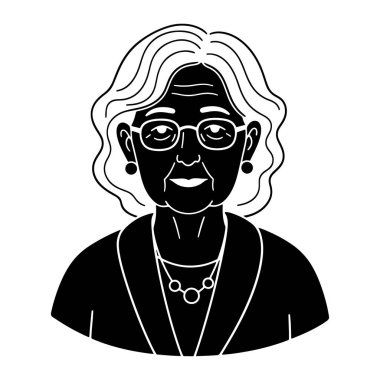 Kısa dalgalı saçlı, gülümseyen ve ileriye bakan yaşlı bir kadın. Gözlük, küpe ve kolye takıyor. Yüz ifadesi cana yakın ve cana yakın. Basit ve minimalist, kalın çizgileri ve düz bir w