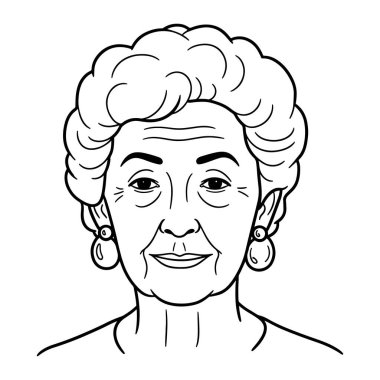 Kısa kıvırcık saçlı ve küpeli, gülümseyen ve ileriye bakan yaşlı bir kadının siyah beyaz çizgisi. Kalın çizgiler ve basit bir renk düzeni, kadının yüz ve saç şekli belirgin bir şekilde sergileniyor..