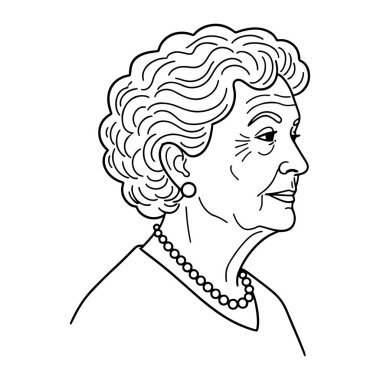 Kısa kıvırcık saçlı, gülümseyen ve sağa bakan yaşlı bir kadının siyah beyaz çizgisi. İnci bir kolye ve küpe takıyor. Beyaz arka planda basit bir çizgi, kadının profiline odaklanıyor..