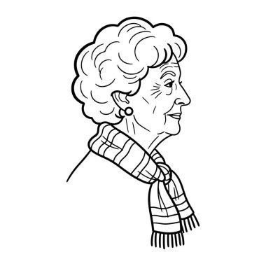 Kısa kıvırcık saçlı ve atkısı olan yaşlı bir kadının siyah beyaz çizgisi. Profilde resmedilmiş, yüzü sağa dönük, yüzünde nazik bir gülümsemeyle. Saçları kıvırcık ve uçlarında püsküller olan ekose bir eşarp takıyor. Onun.