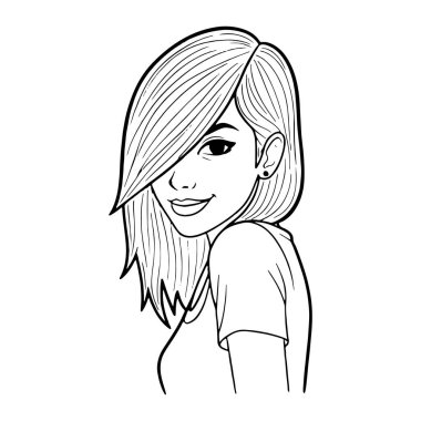 Kısa saçlı, küpeli, gülümseyen ve izleyiciye bakan siyah beyaz bir kadın. Saçları yüzünün bir tarafına düşüyor ve yüzünde hafif bir gülümseme var. Asgari gölgeleme ile basit bir satır biçimi yapılır.