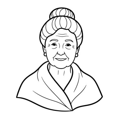 Sade beyaz bir arkaplan üzerine kurulmuş, saçları topuz şeklinde, gülümseyen, şal ve küpe takan yaşlı bir kadının basit siyah beyaz çizgisi. Kalın çizgiler ve yüz kırışıklıkları ve kirpik gibi detaylarla en az gölgelendirme.