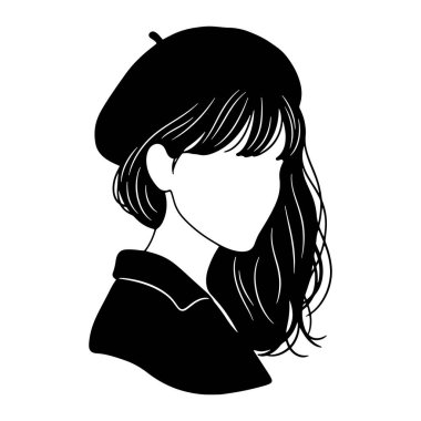 Kafası ve omuzları sağa bakan siyah ve beyaz bir kadın. Kafasına bere takıyor ve perçemli uzun saçları var. Yüzü boş ve özelliksiz. O, yakalı bir gömlek ya da ceket giyiyor. Basit, minimalist bir stil ile yapılır.