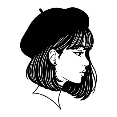 Siyah ve beyaz bir kadın kafası ve omuzları profilde, sağa bakıyor. Kaküllü kısa saçı var ve bere ve küpe takıyor. Kalın çizgiler ve gölgelendirme olmadan yapılır. Siyah, beyaz, kadın. Siyah ve beyaz bir kadın.