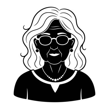 Dalgalı saçlı, gözlüklü, kolyeli ve küpeli siyah beyaz bir kadın. Basit, kalın çizgili ve en az detay içeren bir stil. Kadının yüzü tanımlanmış ve gülümsüyor gibi görünüyor. Arkaplanı düz beyaz..