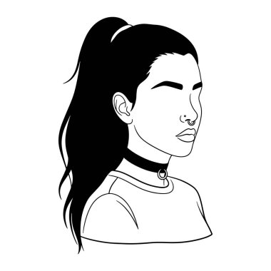 Sağa bakan siyah ve beyaz bir kadın kafası ve omuzları. At kuyruğu, gümüş yüzüklü siyah bir boğucu ve burun halkası var. Saçları uzun ve düz ve sade, minimalist bir tarzı var. Temiz, çizgi sanatı tarzı bir espriyle yapılıyor.