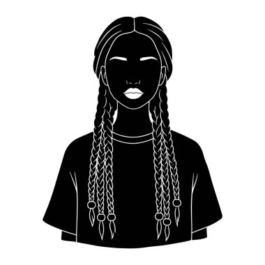 Uzun örgülü saçları boncuk ve küpelerle süslenmiş siyah beyaz bir kadın. Yüzü siluette, beyaz çizgileri var ve basit bir şey giyiyor. Arka plan bembeyaz. Kadın, örgüler, siyah beyaz. Siyah ve beyaz bir kadınla