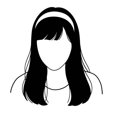 Uzun saçlı ve saç bandı takmış basit bir siyah beyaz kadın. Düz, omuz hizasında saçları ve kakülleri olan, ince bir saç bandı takan yüzü olmayan bir kadın figürü. Minimalist, temiz çizgileri ve düz beyaz bir arka planı var..