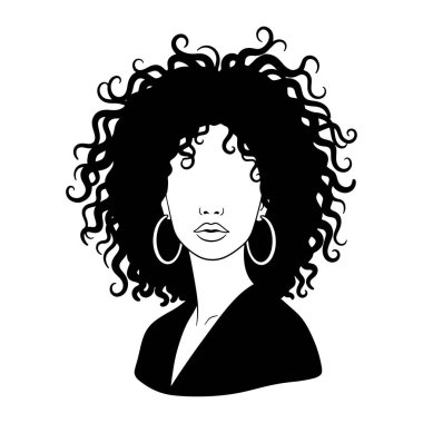 Siyah beyaz kıvırcık saçlı ve halka küpeli bir kadın. Kadının yüzüne ve saçlarına odaklanmış basit ve minimalist. Kadının yüzü, hafif bir gülümsemeyle tarafsız bir ifadeyle tasvir ediliyor. Kıvırcık saçları ana odak noktası.