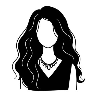 Uzun, dalgalı saçlı ve kolyesi olan siyah beyaz bir kadın. Kadının yüzü çizilmemiş ve V yaka giyiyor. Basit bir tasvir, kalın çizgiler ve en az ayrıntıyla. Arkaplan düz beyaz.