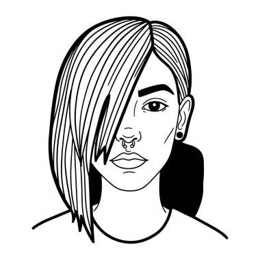 Burun halkası ve küpesi olan siyah beyaz bir kadın. Kadının kısa saçı var ve perçemleri yana doğru süpürülmüş. Yüzü kalın çizgilerle tanımlanmış. Burun halkası ve küpe takıyor. Arkaplan düz beyaz.