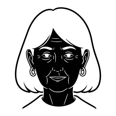 Kısa saçlı ve küpeli basit bir siyah beyaz kadın. Kadının koyu teni ve kısa, düz beyaz saçları var. Yüz hatları çok az ve halka küpe takıyor. Arkaplan düz beyaz, ve çizgi halinde yapılır.