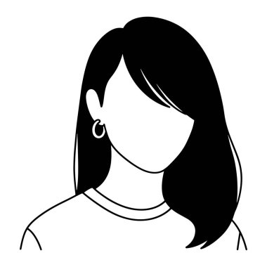 Bir kadının kafasının ve omuzlarının basit bir siyah beyaz resmi. Kadının omuzlarının üzerine düşen uzun düz saçları ve bir çift halka küpesi var. Yüzü boş ve özelliksiz. O, yuvarlak yakalı bir gömlek giyiyor gibi görünüyor. Bu...