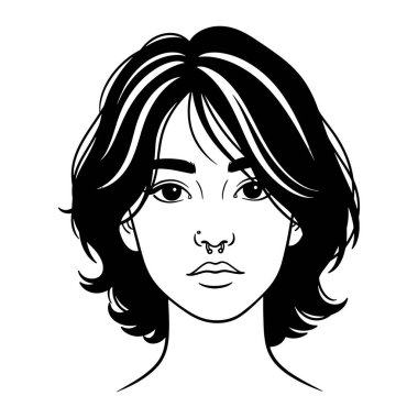 Kısa saçlı ve kaküllü, burun halkası takan bir kadın yüzü. Yüz ifadesi nötr. Kalın çizgiler ve basit beyaz bir zemin. Kadın, yüz, siyah ve beyaz. Burun halkası piercinli bir kadının siyah beyaz yüzü.