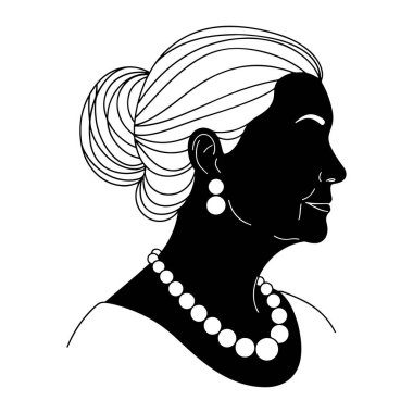 Siyah ve beyaz bir kadın kafası ve omuzları profilde, sağa bakıyor. Saçları topuz şeklinde ve inci bir kolye takıyor ve aynı inci küpelerden takıyor. Basit bir tasvir, kalın çizgiler ve en az detay ile.