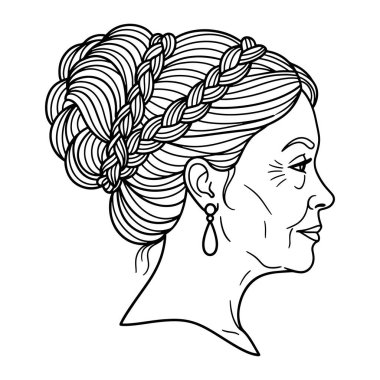 Profilde, örgülü saçlarını topuz şeklinde sergileyen bir kadının siyah beyaz çizgisi. Saçları, taç etrafına örülmüş bir örgüyle karışık bir şekilde tasarlanmış ve gözyaşı şeklinde küpeler takıyor. Yüzünün rengini belirginleştiriyor.