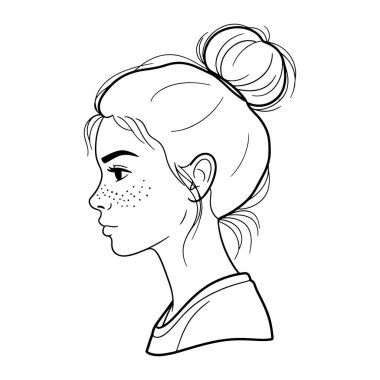 Profilde bir kadının kafasının basit siyah beyaz çizgisi. Saçları topuz şeklinde ve yanaklarında birkaç çil var. O, yakalı bir gömlek giyiyor. Arkaplan düz beyaz.